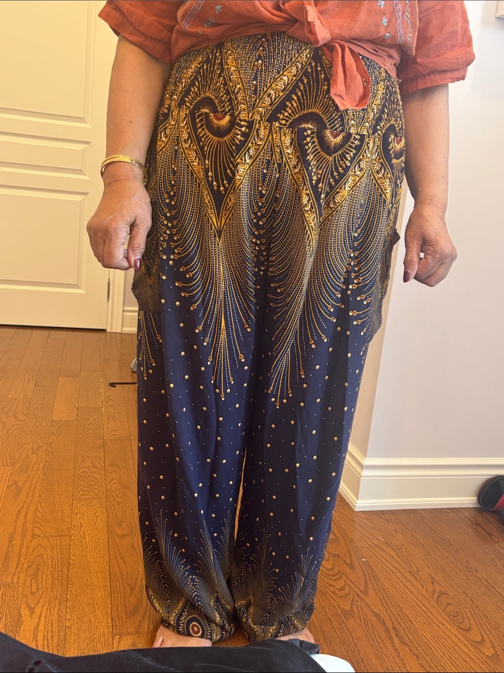 Navy & Gold Ornate Wide-Leg Palazzo Pants